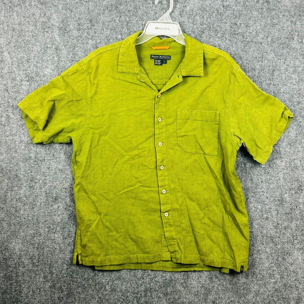 Royal Robbins Shirt Mens Large Lime Green Short Sleeve Camp Safari Button Up